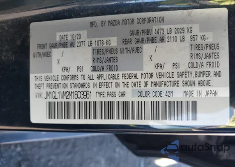 2021 Mazda Mazda6 Touring from USA, damaged, VIN JM1GL1VM2M1603961